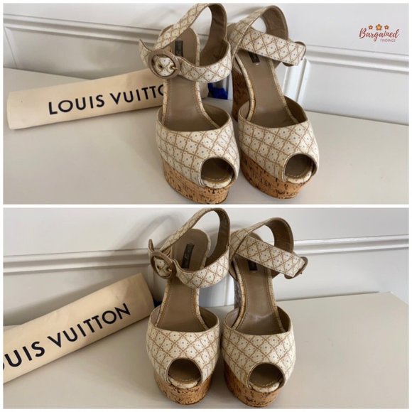 Authentic Louis Vuitton Cream Beige Printed Wedge Cork Platform Sandals 39.5/9.5 - Picture 13 of 14
